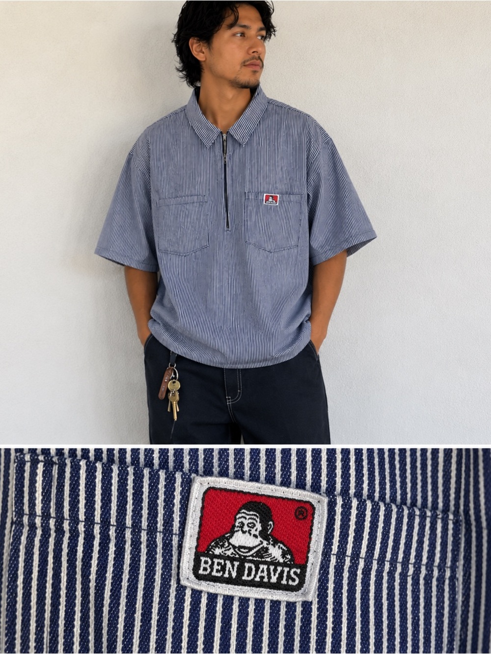 Vtg Ben Davis Hickory Stripe Half Zip Work Shirt XXL USA Made Railroad Workwear